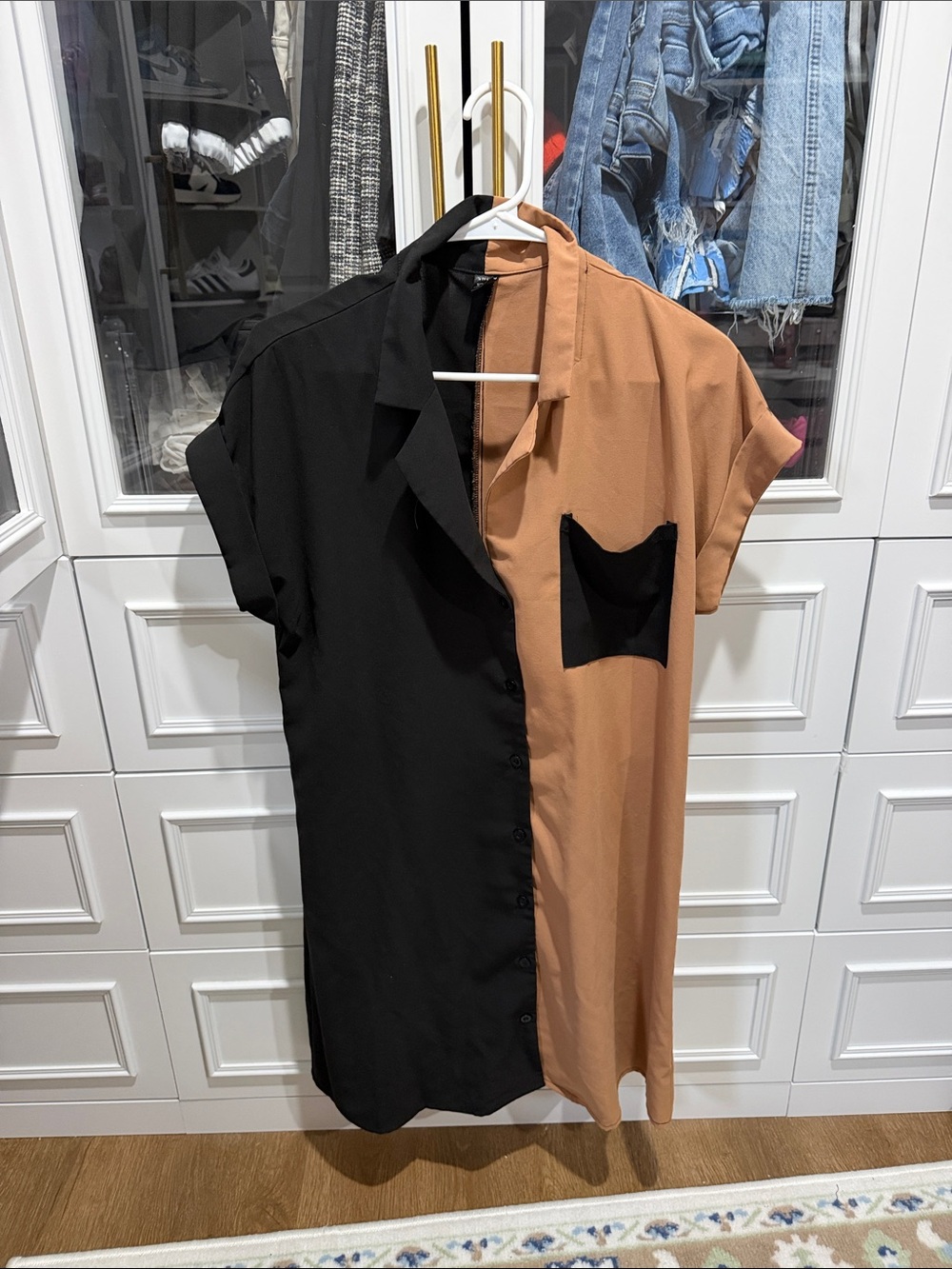 SHEIN Black and Tan Two-Tone Button-Down Short Sleeve Shirt Dress